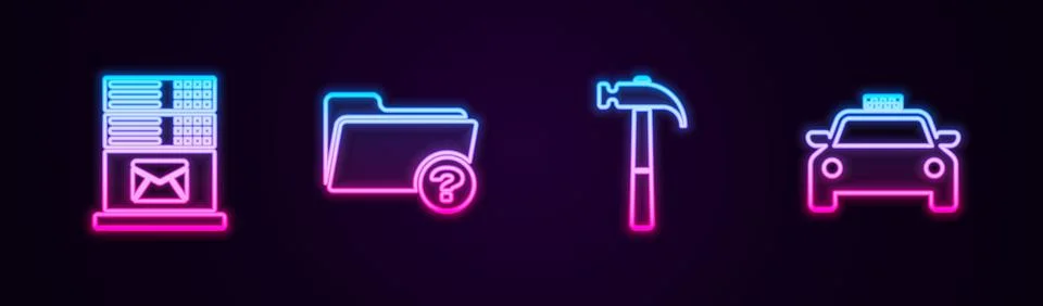 Set line Mail server, Unknown directory, Hammer and Taxi car. Glowing neon ic Stock Illustration