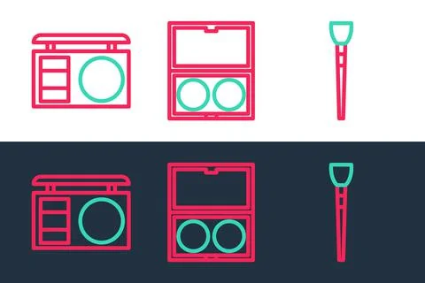 Set line Makeup brush, Eye shadow palette and powder with mirror icon. Vector Stock Illustration