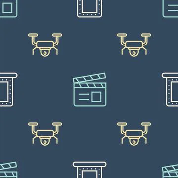 Set line Makeup mirror with lights, Drone flying and Movie clapper on seamless Stock Illustration