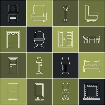 Set line Makeup mirror with lights, Big bed, Wooden table chair, Coat stand Stock Illustration