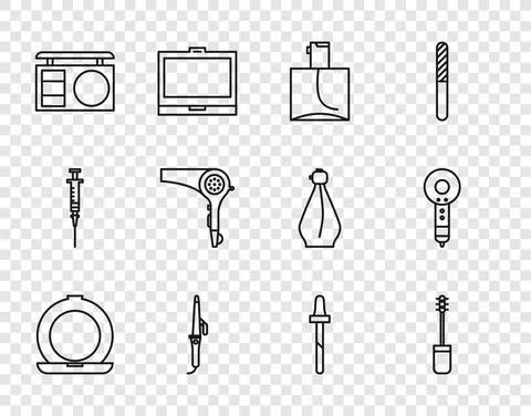 Set line Makeup powder with mirror, Mascara brush, Perfume, Curling iron, Eye Stock-Illustration