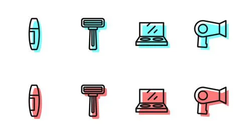 Set line Makeup powder with mirror, Mascara brush, Shaving razor and Hair dryer Stock Illustration