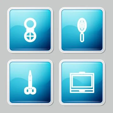 Set line Makeup powder with mirror, Hairbrush, Scissors and  icon. Vector Stock Illustration