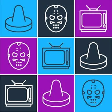 Set line Mallet for playing air hockey, Retro tv and Hockey mask icon. Vector Illustrazione stock