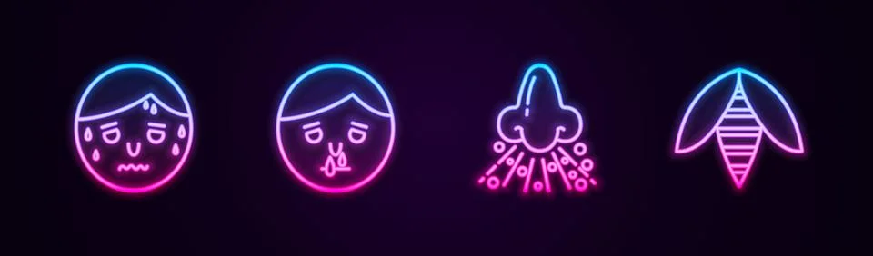 Set line Man with excessive sweating, Runny nose,  and Bee. Glowing neon icon Stock-Illustration