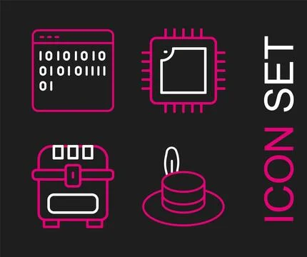 Set line Man hat, Antique treasure chest, Processor with CPU and Binary code Stock Illustration