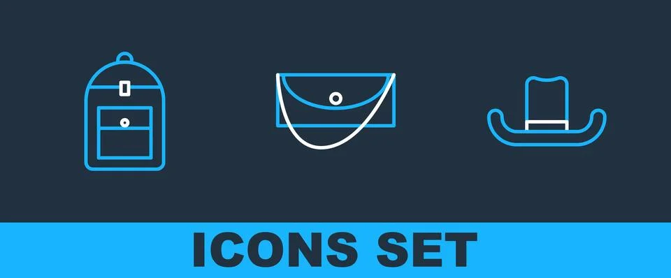 Set line Man hat, Backpack and Clutch bag icon. Vector Stock Illustration
