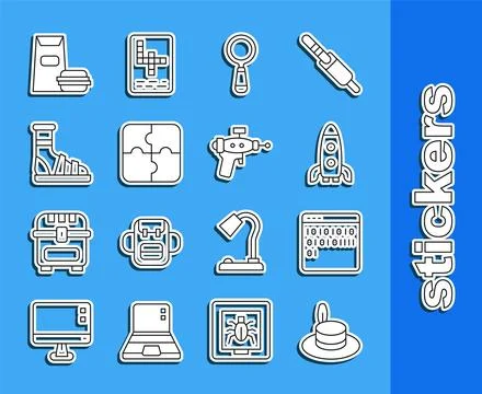 Set line Man hat, Binary code, Rocket ship, Magnifying glass, Piece of puzz.. Stock Illustration