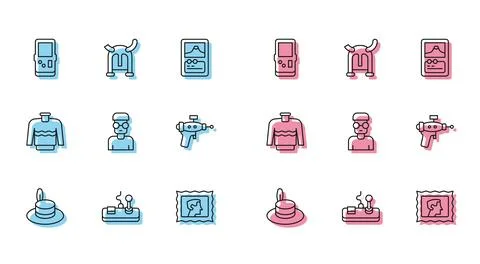 Set line Man hat, Gamepad, Tetris, Postal stamp, Nerd geek, Ray gun, Sweate.. Illustrazione stock