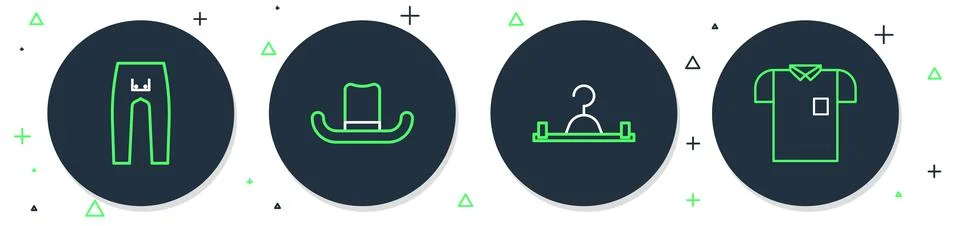 Set line Man hat, Hanger wardrobe, Pants and Polo shirt icon. Vector Stock Illustration