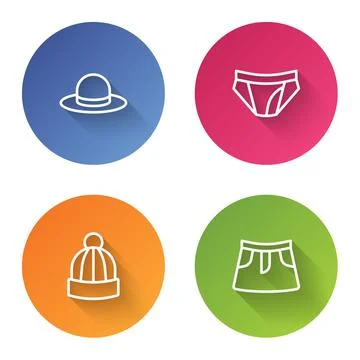 Set line Man hat, Men underpants, Winter and Skirt. Color circle button. Vector Illustrazione stock