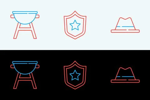 Set line Man hat with ribbon, Barbecue grill and Police badge icon. Vector Stock Illustration