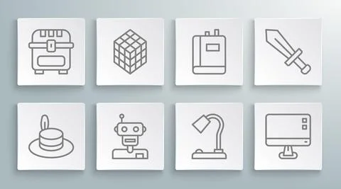 Set line Man hat, Rubik cube, Robot, Table lamp, Computer monitor screen, Book Stock-Illustration
