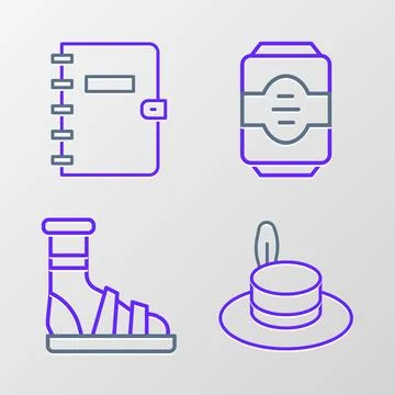 Set line Man hat, Slippers with socks, Energy drink and Spiral notebook ico.. Stock Illustration