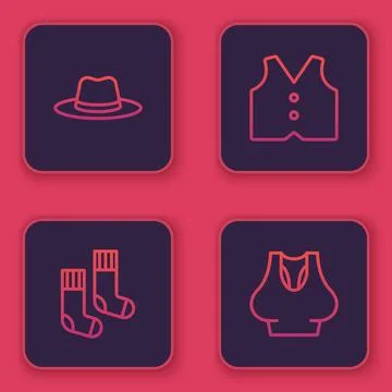 Set line Man hat, Socks, Waistcoat and Undershirt. Blue square button. Vector Stock Illustration