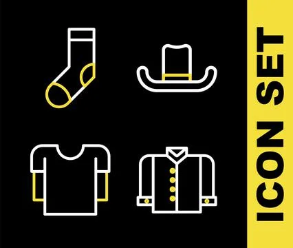 Set line Man hat, T-shirt, Long sleeve and Socks icon. Vector Stock Illustration
