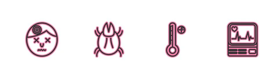 Set line Man having headache, Medical digital thermometer, Parasite mite and Stock Illustration
