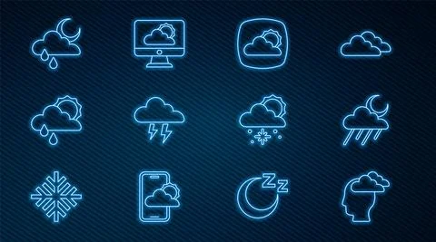 Set line Man having headache, Cloud with rain and moon, Weather forecast, Storm Stock Illustration