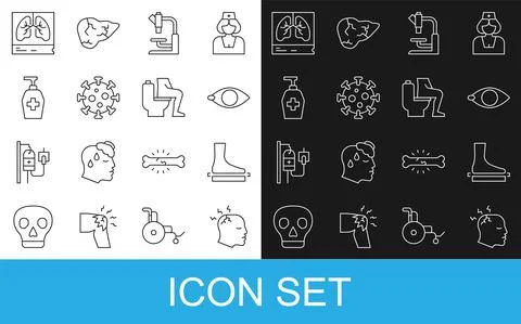 Set line Man having headache, Flat foot, Blindness, Microscope, Virus, Liquid Stock Illustration