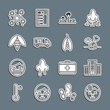 Set line Man having headache, Medical hospital building, Dust, Mold, Emergency Ilustração Stock