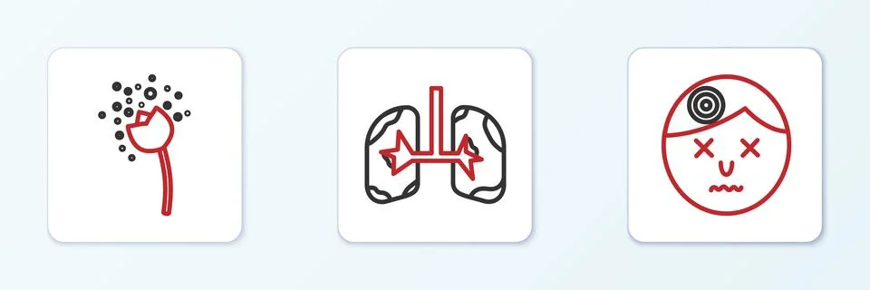 Set line Man having headache, Flower producing pollen and Lungs icon. Vector Stock Illustration