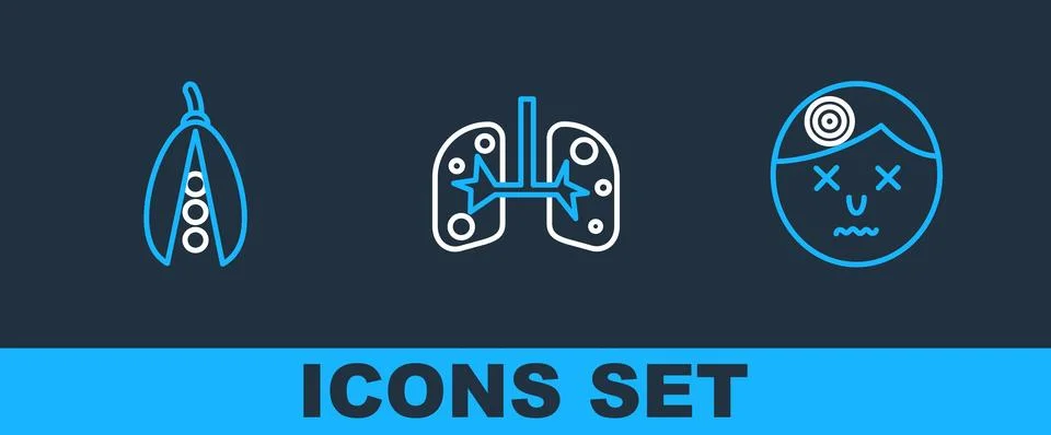 Set line Man having headache, Kidney beans and Lungs icon. Vector Stock Illustration