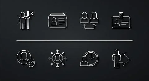 Set line Man holding flag, Worker, Identification badge, time, Multitasking 스톡 일러스트