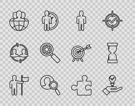 Set line Man holding flag, Light bulb hand, User of man business suit, Magn.. Stock Illustration