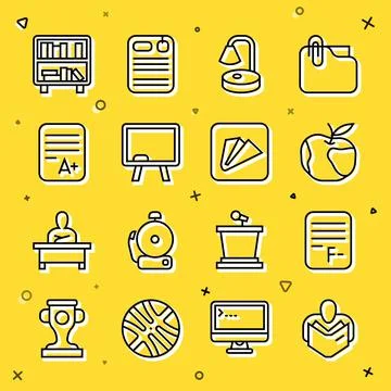 Set line Man reading book, Exam paper with incorrect answers, Apple, Table lamp 스톡 일러스트