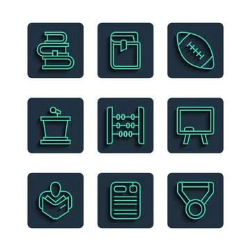 Set line Man reading book Dossier folder Medal American football ball Abacus  Stock Illustration