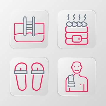 Set line Man in the sauna, Flip flops, Hot stones and Swimming pool with ladder Stock Illustration