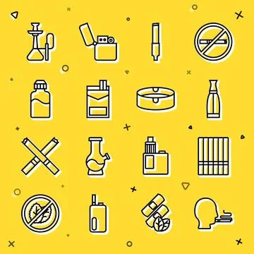 Set line Man smoking a cigarette, Cigarette, Vape liquid bottle, Cigarettes.. Illustrazione stock