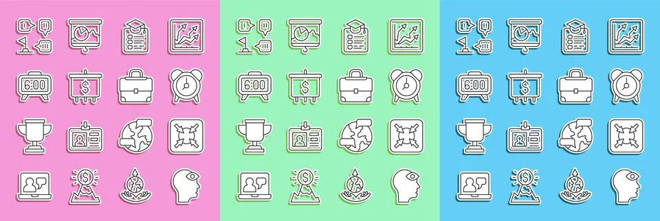 Set line Man with third eye, Target, Alarm clock, Online education, dollar,.. Illustrazione stock