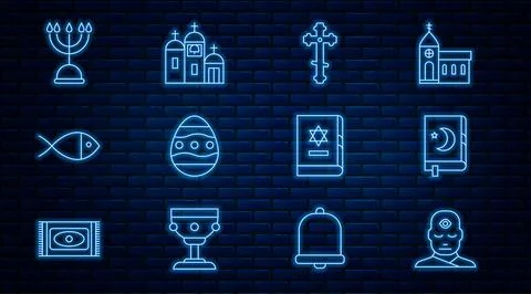 Set line Man with third eye, Holy book of Koran, Christian cross, Easter eg.. Stock Illustration