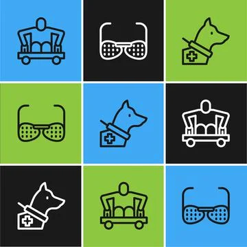 Set line Man without legs sitting wheelchair, Guide dog and Blind glasses icon Stock Illustration