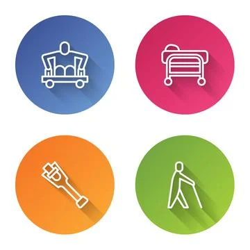 Set line Man without legs sitting wheelchair, Stretcher, Prosthesis and Blind Stock Illustration