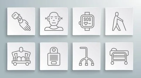 Set line Man without legs sitting wheelchair, Deaf, Intercom, Walking stick cane Stock Illustration