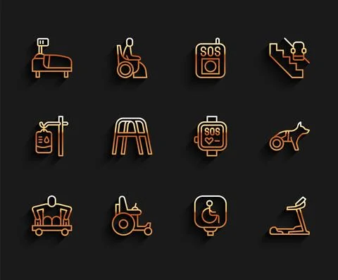Set line Man without legs sitting wheelchair, Electric, Hospital bed, Disabled Stock Illustration