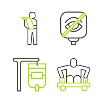 Set line Man without legs sitting wheelchair, IV bag, Blindness and Human b.. Stock Illustration
