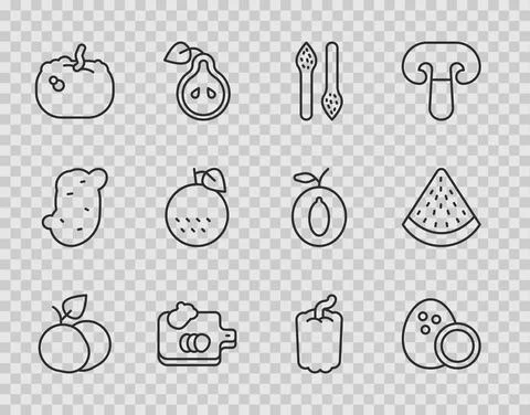 Set line Mango fruit, Coconut, Asparagus, Cutting board with vegetables, Pumpkin Stock Illustration