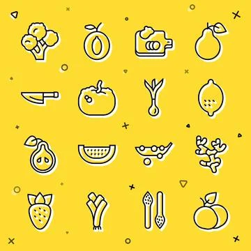 Set line Mango fruit, Ginger root, Lemon, Cutting board with vegetables, Pumpkin Stock Illustration