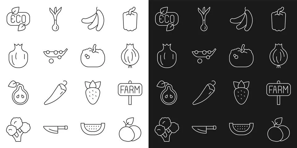 Set line Mango fruit, Location farm, Garlic, Banana, Peas, Pomegranate, Leaf Eco Stock Illustration