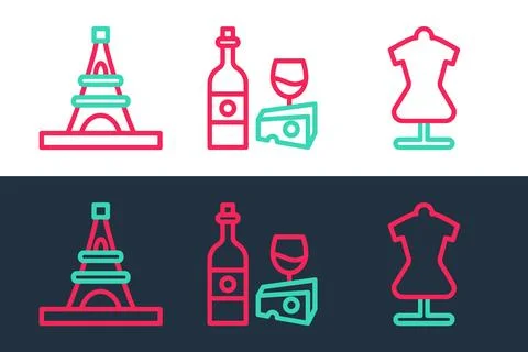 Set line Mannequin, Eiffel tower and Wine bottle with cheese icon. Vector Stock Illustration