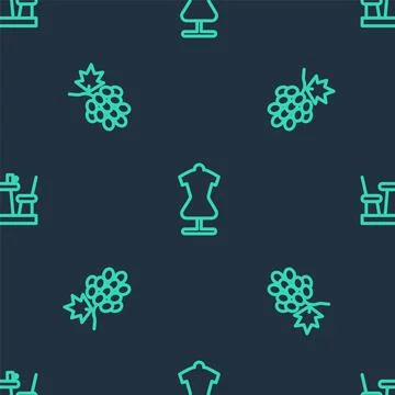 Set line Mannequin, Grape fruit and French cafe on seamless pattern. Vector Illustrazione stock