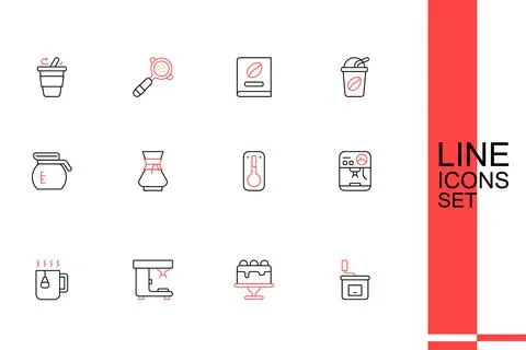 Set line Manual coffee grinder, Cake, Coffee machine, Cup tea with bag, the.. Stock Illustration