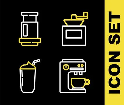 Set line Manual coffee grinder, Coffee machine, Milkshake and Aeropress ico.. Stock Illustration