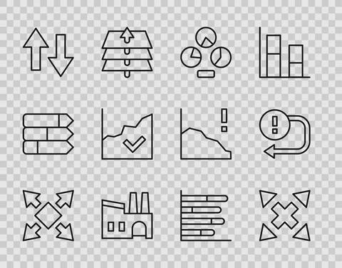 Set line Many ways directional arrow, Pie chart infographic, Factory, Arrow Stock Illustration