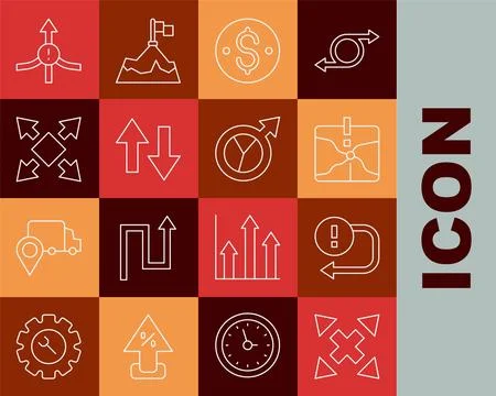 Set line Many ways directional arrow, Arrow, Intersection point, Dollar sym.. Stock Illustration