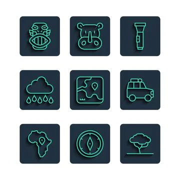 Set line Map of Africa, Compass, African tree, Flashlight, safari map, Cloud Illustrazione stock