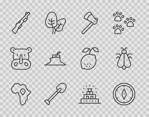 Set line Map of Africa, Compass, Wooden axe, Shovel, Hunting gun, Tree stump Illustrazione stock